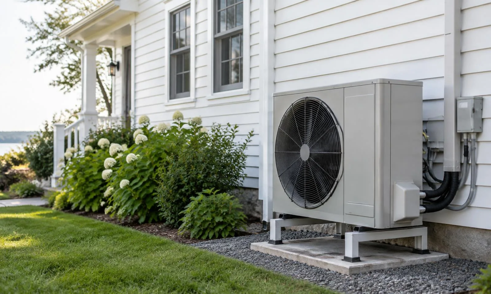 Illustration of an outdoor air-source heat pump beside a clapboard home